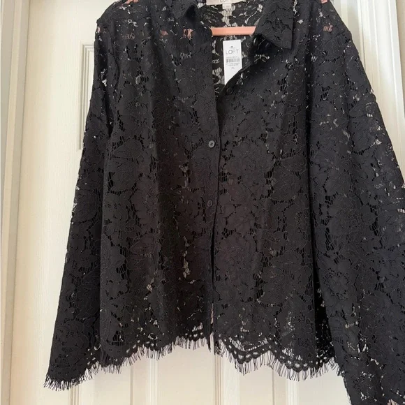 LOFT Black Lace Button-Up Blouse - Picture 2 of 6